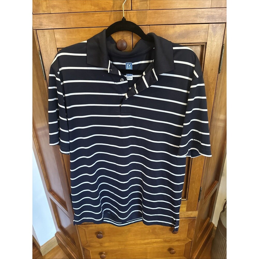 PGA Tour Polo Shirt Adult Large Navy White Striped Short Sleeve Airflux Golf